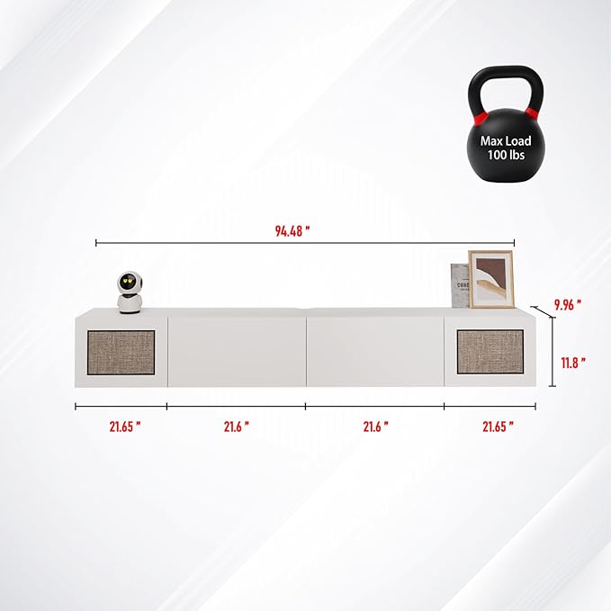 Pmnianhua Boho Floating TV Stand 94", Modern Wall Mounted Media Console with Cotton-Rayon Doors for Under TV Shelf,Entertainment Center,Living Room,Bedroom(White)