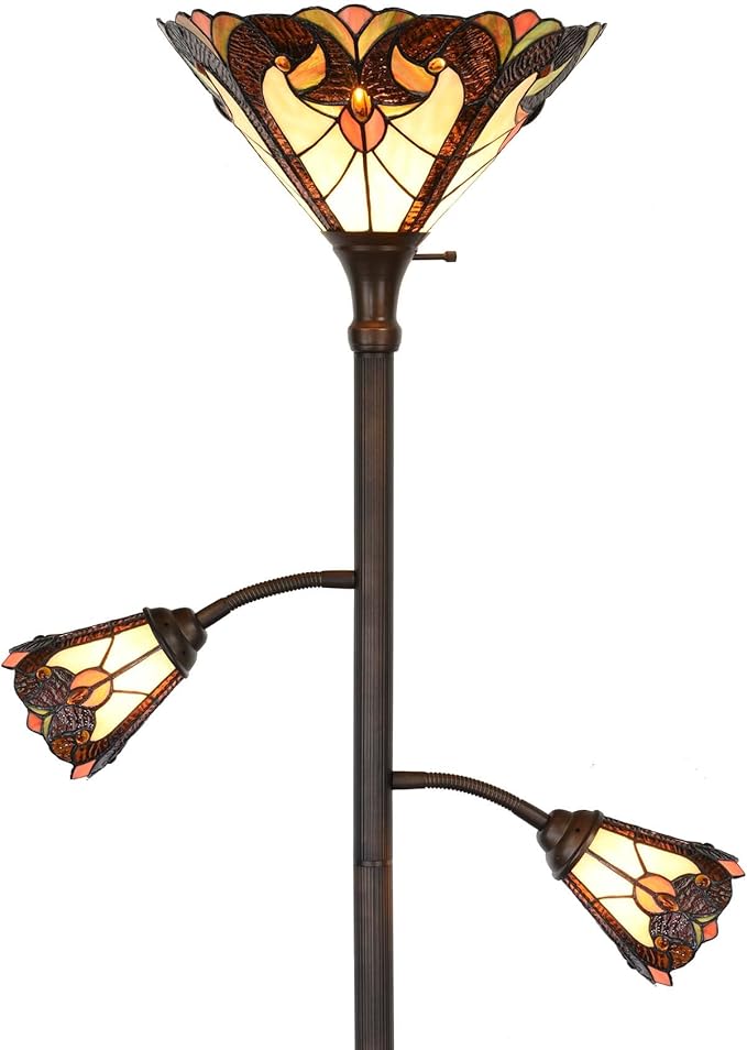 Bieye L10839 Baroque Tiffany Style Stained Glass Torchiere Floor Lamp with Sidelights for Reading, 70-inches Tall (Baroque, Brown)