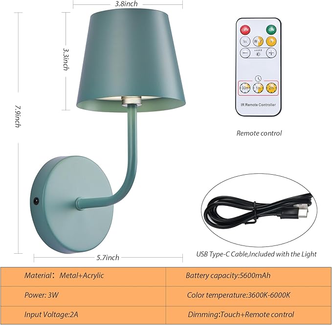 LED Wireless Wall Lamp Set of 2, with 5600mAh Rechargeable Battery Powered Wall Sconces, Touch for Remote Control Infinite Dimming Be Used for Bedroom Mirror Living Room Wall Painting(Blue)