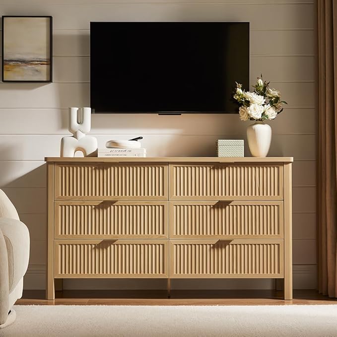 Fluted 6 Drawers Dresser for Bedroom, 55 Inch Wide Modern Wood Chest of Drawers, Mid Century Chests Drawer Clothing Organizer for Hallway (Natural Oak)