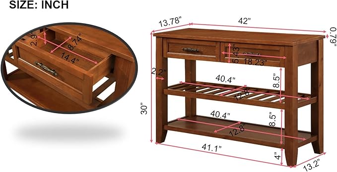 Solid Wood Console Table Entryway Table with Storage Drawers and Shelves Sofa Tables (42" Brown)