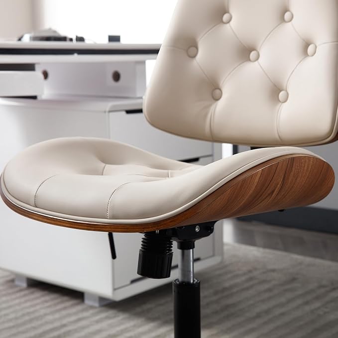 Armless Home Office Chair with Wheels, PU Leather Adjustable Height Computer Desk Chair, 360 Swivel Small No Arms Chair, Modern Button Walnut Style for Office, Reading Meeting Room(Beige)