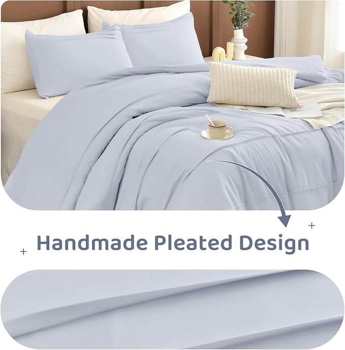 Sanracie Cotton Comforter Queen Size(90"x 95"),3 Pieces Cornflower Blue Colored Pinch Pleated Comforter Set,Soft Breathable Neutral Bed Comforter for All Season