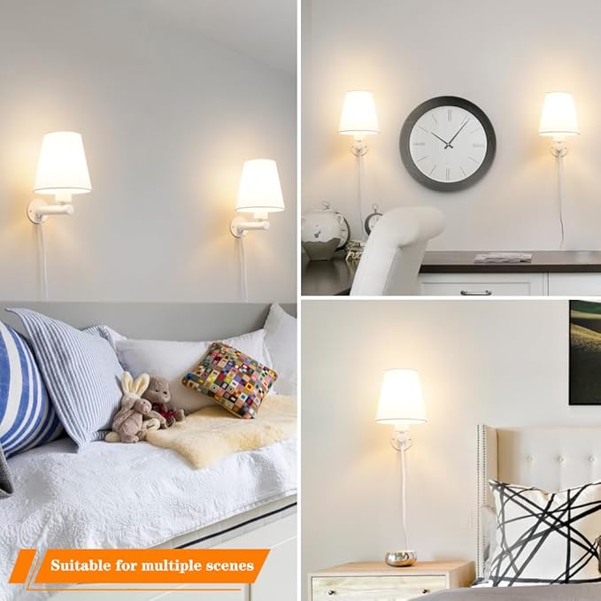 White Plug in Wall Sconces Set of Two, Wall Lamp with Plug in Cord On/Off Switch, White Bedroom Sconces Set of 2 Plug in, Bedside Wall Mounted Light with Fabric Linen,Wall Decor for Living Room