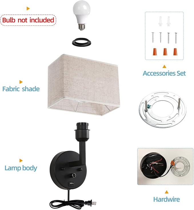 Plug in Wall Sconce with Dimmer Switch and USB Port，9.5“Rectangular Linen Fabric Shade，Bedside Wall Lamp Matte Black Finish，Wall Lamp Perfect for Bedroom, Living Room and Hotel. E26 Base