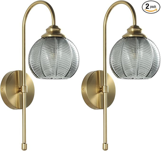 KCO Lighting Brushed Gold Wall Sconce Set of Two Vintage Smoked Glass Wall Lights Mid Century Bathroom Light Sconces Set of 2 Modern Globe Wall Sconce Long Arc Wall Light