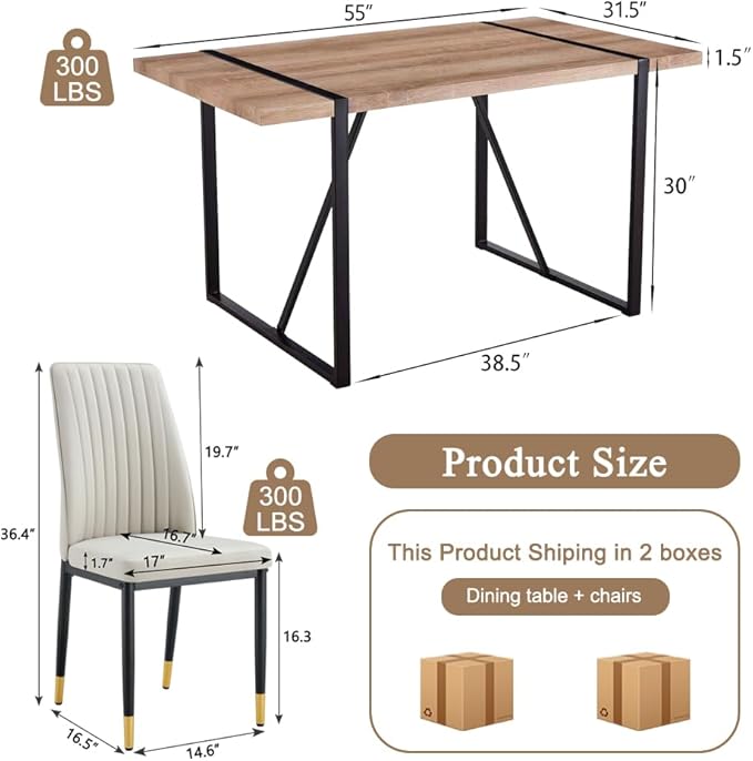 Dining Table Chairs Set for 4, Modern Rectangular Dining Room Table Set PU Leather Upholstered Dining Chairs 55" Dinner Table Set for Kitchen, Dining Room (Dining Table Set for 4, Grey)