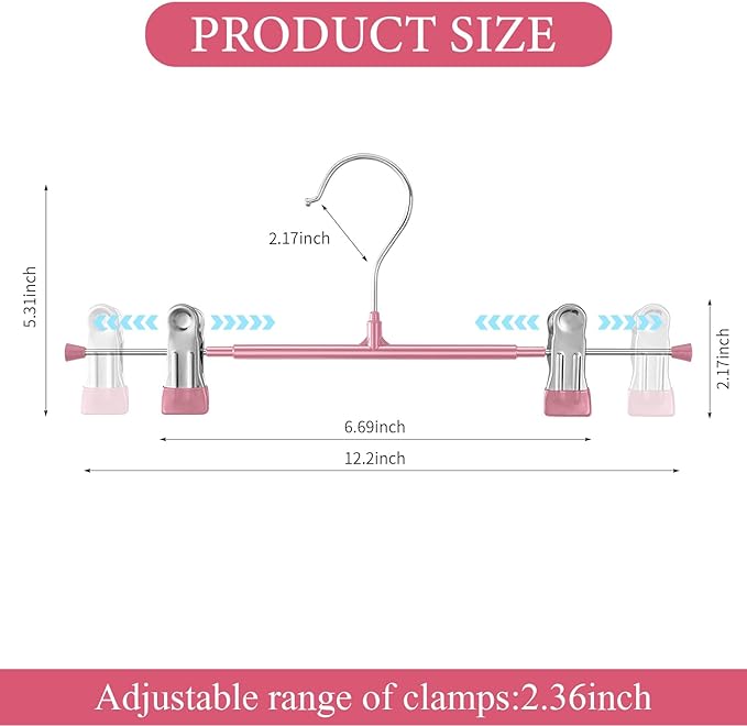 Pants Hangers with Clips 10 Pack Adjustable Skirt Hangers for Women Non-Slip Trousers Hanger for Jeans Clothes Hangers for Pants Heavy Duty Space Saving Shorts Hangers,Pink,12Inch