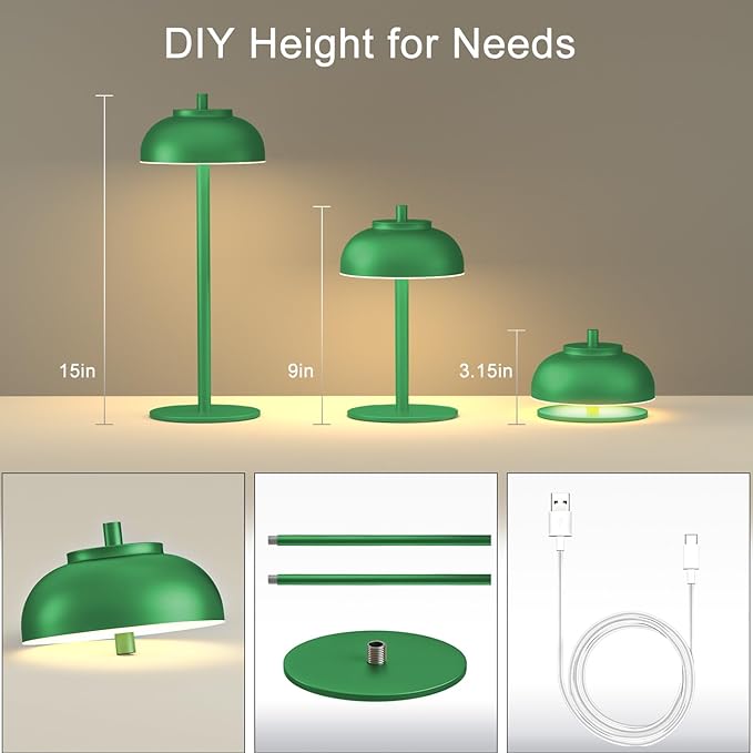 Green Led Cordless Table Lamps Rechargeable Set of 2,Table Lights Battery Operated-IP65 Waterproof-for Outdoor Patio/Restaurants/Home/Dinner/Table Lighting-Touch Control & Dimmable