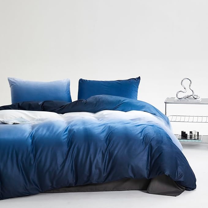 Luxlovery Blue Gradient Velvet Comforter Full Fluffy Plush Flannel Bedding Set Full Men Women Army Blue White Winter Warm Blanket Quilts Thick Abstract Modern Sherpa Micromink Comforter Set