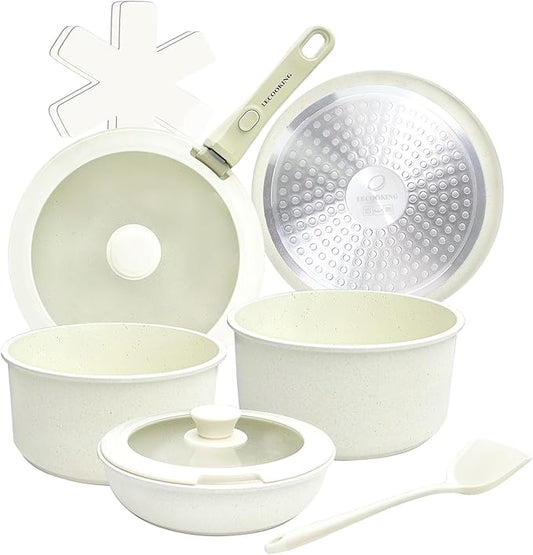 11 PCS Pots and Pans Set, Cookware set with removable Handles, Dishwasher and oven Safe, Detachable Cooking Set, Induction and Gas Stove kitch set, White