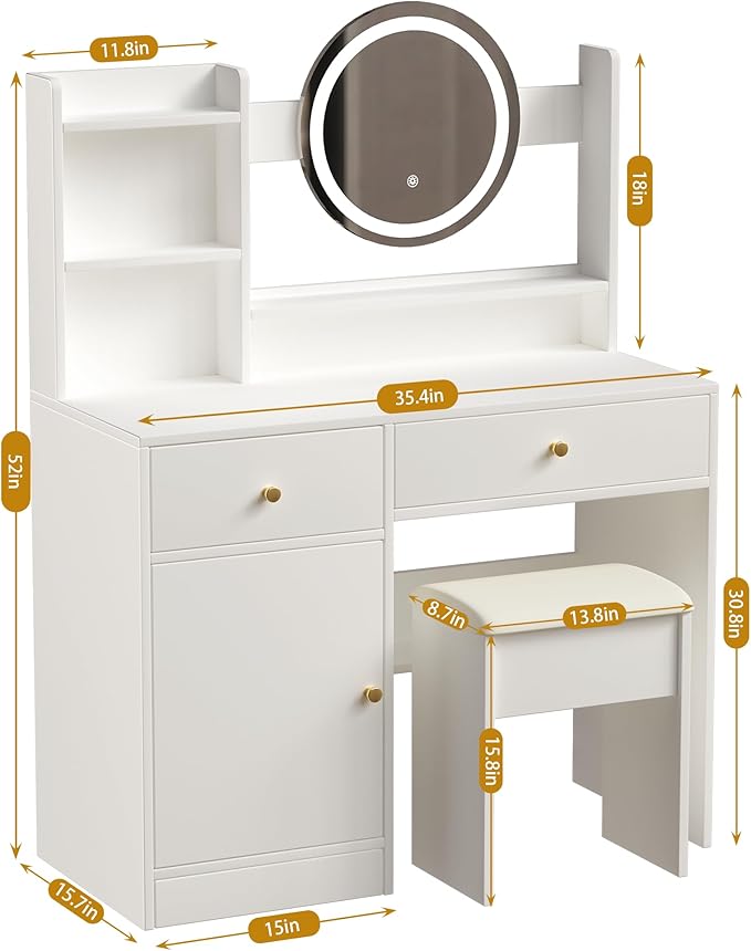 Vanity Table Set with Mirror and Adjustable Lights, Cushioned Chair, Make Up Desk for Bedroom, Elegant Dressing Table with 3 Color Lighting, 2 Drawers for Girls & Makeup Enthusiasts