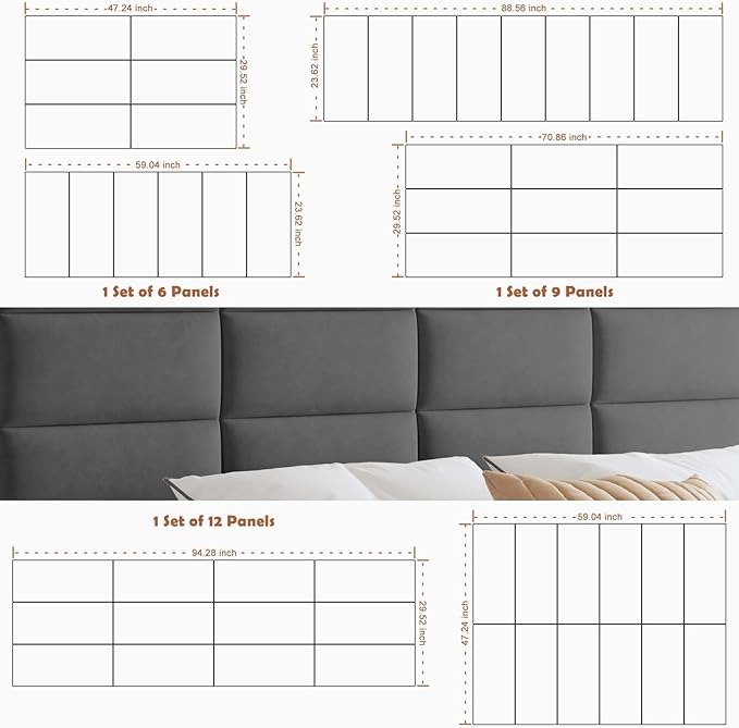 IFNOW Wall Mounted Upholstered Headboard King, 3D Peel and Stick Soundproof Panels, Reusable and Removable Padded Leather Bed Headboard, 12 Panels 9.84" x 23.62", Dark Grey