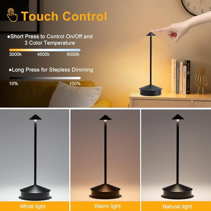 EJQ Cordless Table Lamps, 3 Colors Stepless Dimming Touch Lamp, Outdoor 6000mAh Rechargeable Battery LED Desk Lamp for Bedroom/Couple Dinner/Desk/Cafe/Dining Room (Black)