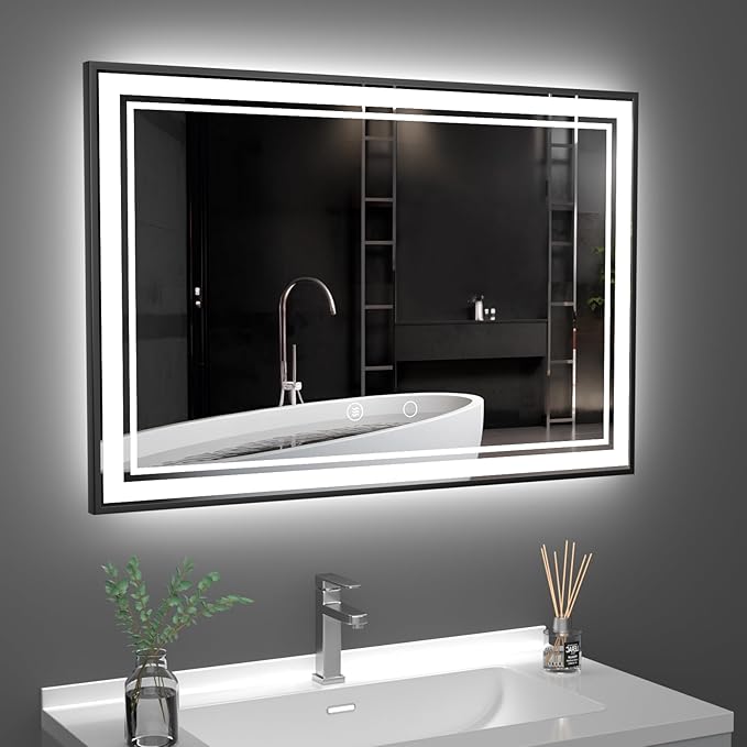48" x 32" LED Bathroom Mirror with Lights Framed LED Mirror for Bathroom Backlit and Front Lighted Bathroom Mirror Black Square Aluminum Frame Anti-Fog Dimmable Adjustable Shatter-Proof