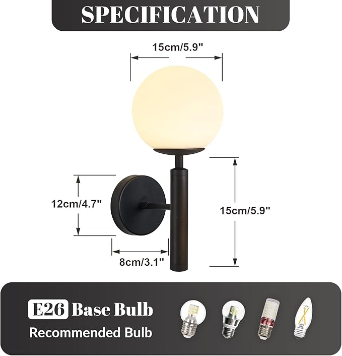 KCO Lighting Black Modern Glass Globe Wall Sconce Mid Century Wall Mounted Set of 2 Vanity Light for Bedroom Living Room Aisle(Black 2 Pack)