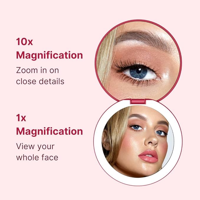 Fancii Taylor LED Lighted Travel Makeup Mirror, Rechargeable, 10x /1x Magnifying, Tru-Glow Light Technology, XL Large 5” Wide | Compact Mirror for Purses (Ruby Red)