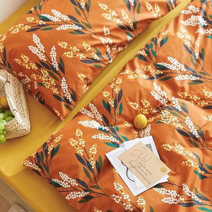 Luxlovery Botanical Floral Comforter Set Full Orange Bohemian Bedding Comforter Set Women Girls Vintage Style Blanket Quilts Breathable Modern Rustic Leaves Bedding Set Hotel Quality Full Comforter