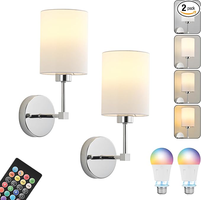 Battery Operated Wall Sconce Set of Two,Wireless Rechargeable Wall Light With Remote Control, Dimmable, 1800K/3000K/4000K/6000K/RGB, Timer, for Living Room, Bedroom, Fireplace, TV, 13.5 Inch, Chrome