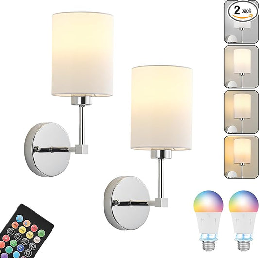 Battery Operated Wall Sconce Set of Two,Wireless Rechargeable Wall Light With Remote Control, Dimmable, 1800K/3000K/4000K/6000K/RGB, Timer, for Living Room, Bedroom, Fireplace, TV, 13.5 Inch, Chrome