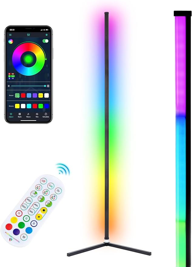 RGB Corner Floor Lamp, Bluetooth APP and Remote Control Music Sync LED Modern Floor Lamp for Living Room, Light Timing, 398 Dimmable Modes, 64.5" RGB Color Changing Mood Lighting