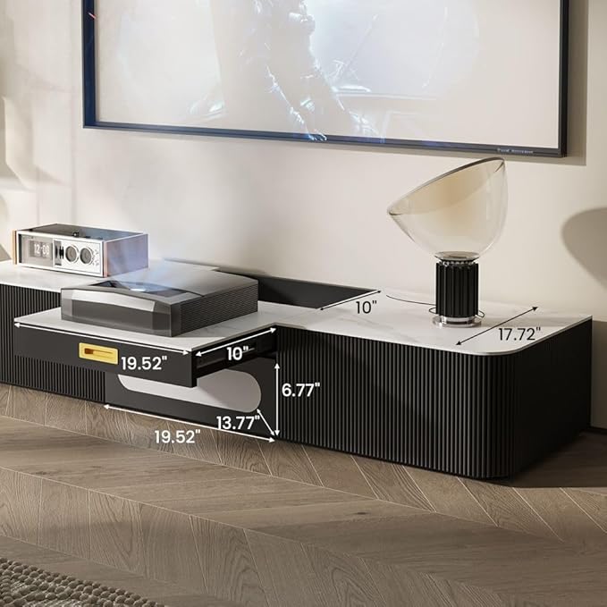 POVISON Modern TV Stand for Projector, Sintered Stone Entertainment Center with Storage for Living Room Bedroom, 55 inch TV Stand, Solid Wood TV Stand