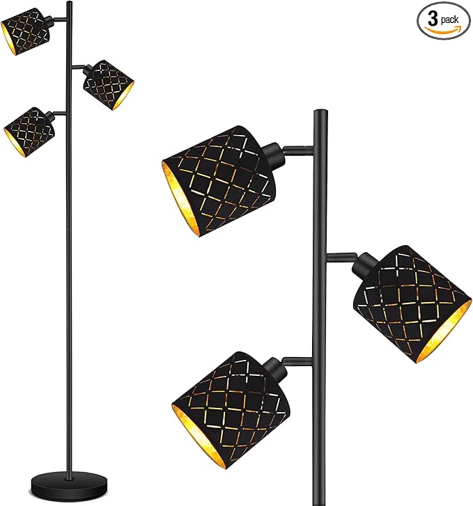 Industrial Floor Lamps for Living Room, Tree Standing Lamp for Bedroom with Adjustable 3-Light, 4W E12 LED Bulb, Modern Stand Up Lamps, Metal Tall Rustic Pole Lamp, Vintage Farmhouse Floor Lamp