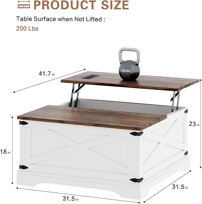 Lift Top Coffee Table with Storage, Square Coffee Table for Living Room with Charging Ports, Farmhouse Dining Table with Large Hidden Storage, White, 31.5"