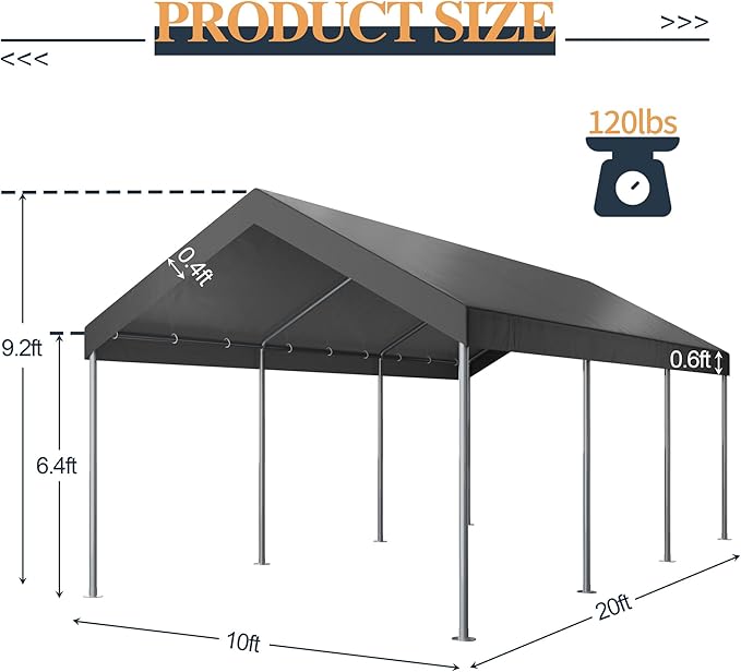 Shintenchi 10x20ft Heavy Duty Carport with UV Resistant Canopy, Powder-Coated Steel Frame, Easy to Assemble Portable Garage, Stable Carport for Car, Bike, Camp, Outdoor Storage (Grey)
