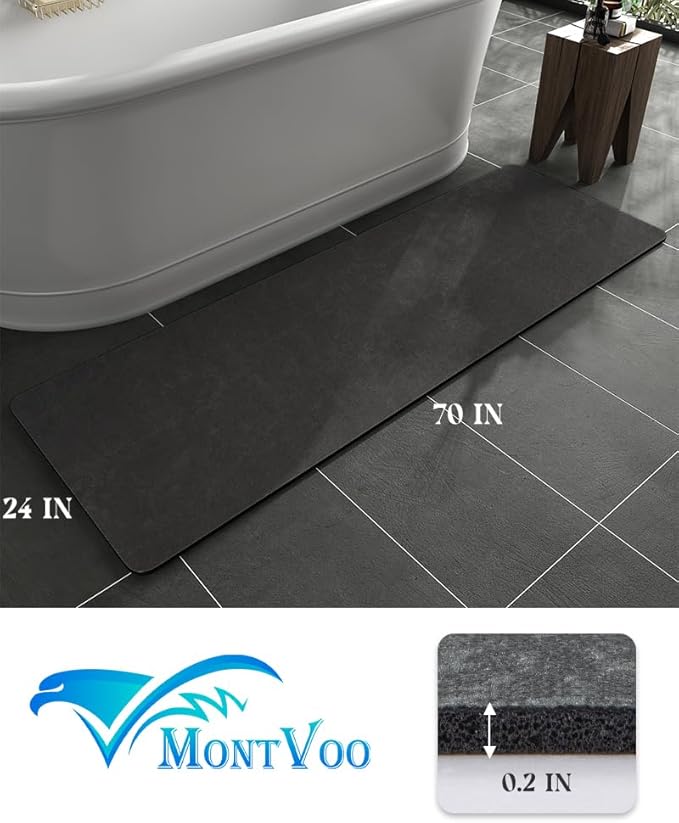 MontVoo -Bath Mat Rug-Rubber Backing Non Slip Quick Dry Absorbent Thin Bathroom Rugs Fit Under Door-Faux Suede Surface Bathroom Floor Mats-Shower Rug for in Front of Bathtub Shower Dark Grey 24"X70"