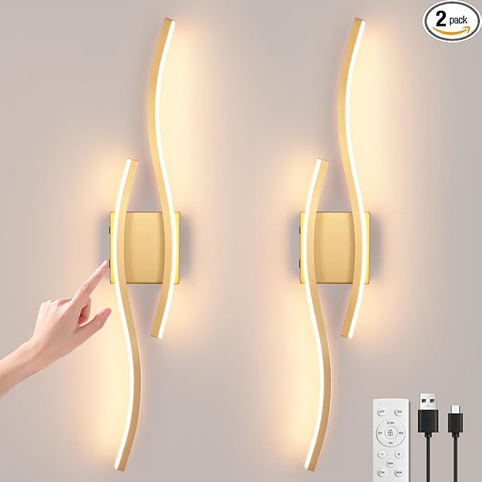 Modern LED Wall Sconce Set of Two, Battery Powered Wall Sconces Set of 2 with Timer, Gold Wall Light with Remote, LED Wall Lamp Indoor not Hardwired for Bathroom Living Room Bedroom Corridor