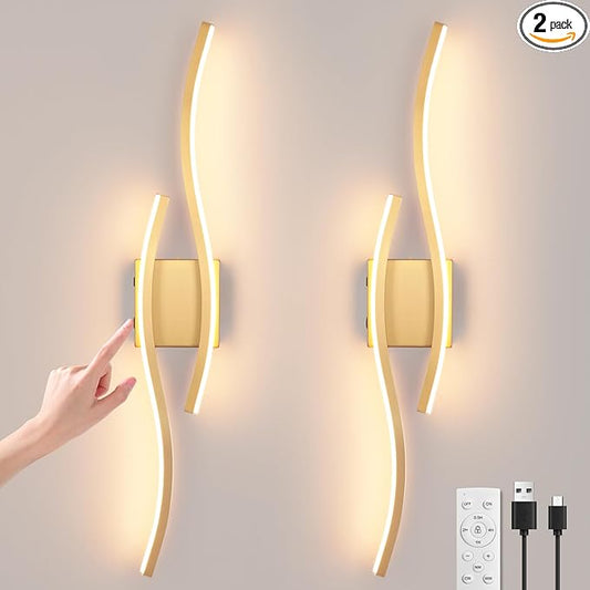 Modern LED Wall Sconce Set of Two, Battery Powered Wall Sconces Set of 2 with Timer, Gold Wall Light with Remote, LED Wall Lamp Indoor not Hardwired for Bathroom Living Room Bedroom Corridor