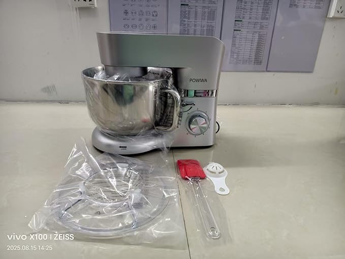 Stand Mixer, POWWA 7.5 Quart Electric Mixer, 6+1 Speed 660W Tilt-Head Kitchen Food Mixers with Whisk, Dough Hook, Mixing Beater & Splash Guard for Baking, Cake, Cookie (Silver-with Handle)