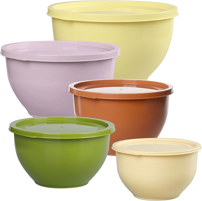 Plastic Mixing Bowls with Lids Set for Kitchen, Nesting Bowls for Mixing, Baking, Prepping, Cooking and Serving Food (5 Set-Olive green)