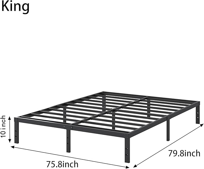 10 Inch King Size Bed Frame, Platform Metal Bed Frame King Heavy Duty Steel Slat Mattress Foundation, No Box Spring Needed, Easy Assembly, Noise-Free, Black