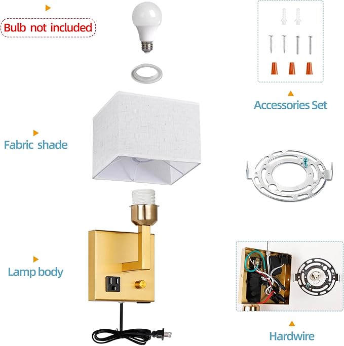 Plug in Wall Sconce, Bedside Wall lamp with Plug and dimmable Switch, with USB Charging Port and Socket, Suitable for Hotel, Corridor, Living Room and Bedroom Wall Light (Golden)