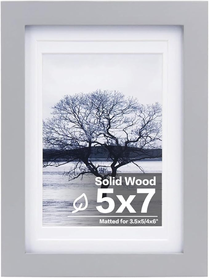 Egofine 5x7 Picture Frame Made of Solid Wood, Display Pictures 3.5x5/4x6 with Mat or 5x7 Without Mat Covered by Plexiglass for Table Top Display and Wall Mounting Photo Frame, Light Gray
