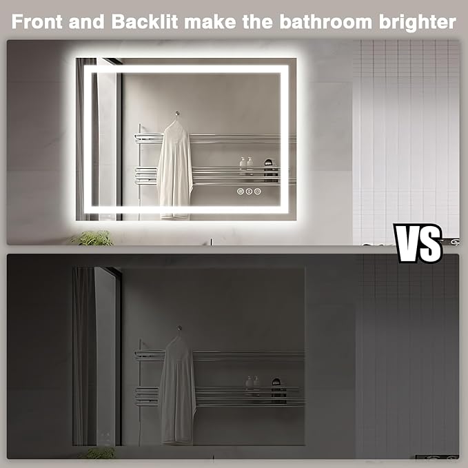 40"x30" LED Lights Bathroom Mirror with Front Lit and Backlit, Anti-Fog Vanity Mirror with Lights, Stepless Dimmable Lighted Mirror, 3 Colors Smart Mirror (Horizontal/Vertical)