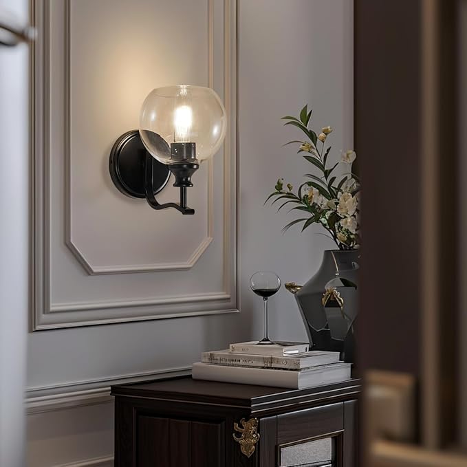 ANDY STAR 1-Light Bathroom Light Fixtures, Black Wall Sconces, Bathroom Vanity Light with Clear Glass Shade, Modern Wall Light Fixtures for Bath Mirror Hallway Bedroom Living Room, Hardwired, E26 Base