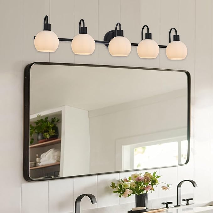 5-Lights Black Bathroom Light Fixture Over Mirror, Modern Milk White Globe Glass Wall Mounted Vanity Lighting E26 Socket for Living Room Kitchen Workshop