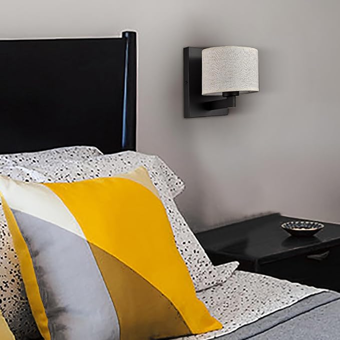 SAMTEEN Farmhouse Black Wall Sconces Set of Two Modern Fabric Shade Sconces Wall Lighting Black Wall Lamp with Drum Shade for Bedroom Bedside Living Room (Beige Shade)