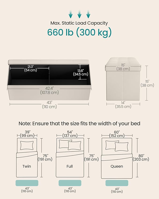 SONGMICS Mazie Collection - 43 Inches Folding Storage Ottoman Bench, Ottoman with Storage, Foot Rest Stool, Load 660 lb, for Living Room, Synthetic Leather, Cream White ULSF70M