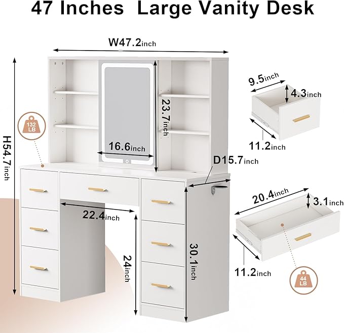 47'' Large Vanity Desk with Mirror and Lights, 7 Drawers, 8 Storage Shelves Vanity Table, Big Makeup Vanity Desk with 3 LED Lighting Modes, Vanity Dresser with Outlet, Sliding Mirror (White)