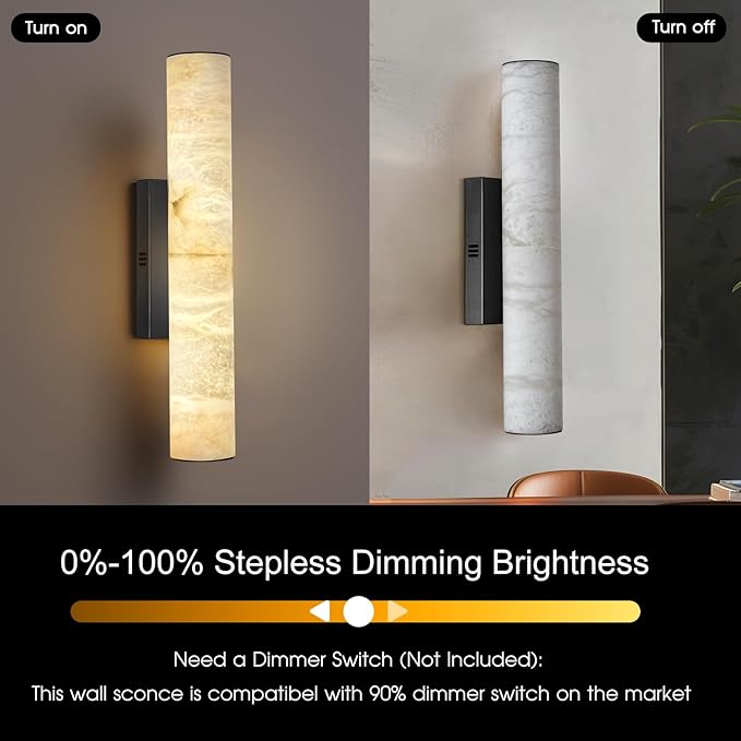 Alabaster Wall Sconces, Spanish Natural Marble Wall Sconce, 20" Bronze Wall Sconce for Bathroom, Modern Alabaster Sconces Wall Lighting Dimmable, Marble Wall Lamp for Living Room, Bedroom, Hallway
