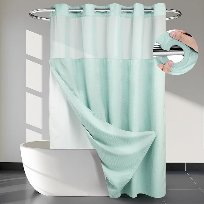 River Dream Heavyweight No Hooks Required Dotted Waffle Weave Shower Curtain with Snap in Liner - 71W x 74H,Hotel Grade,Spa Like Bath Curtain,Misty Blue