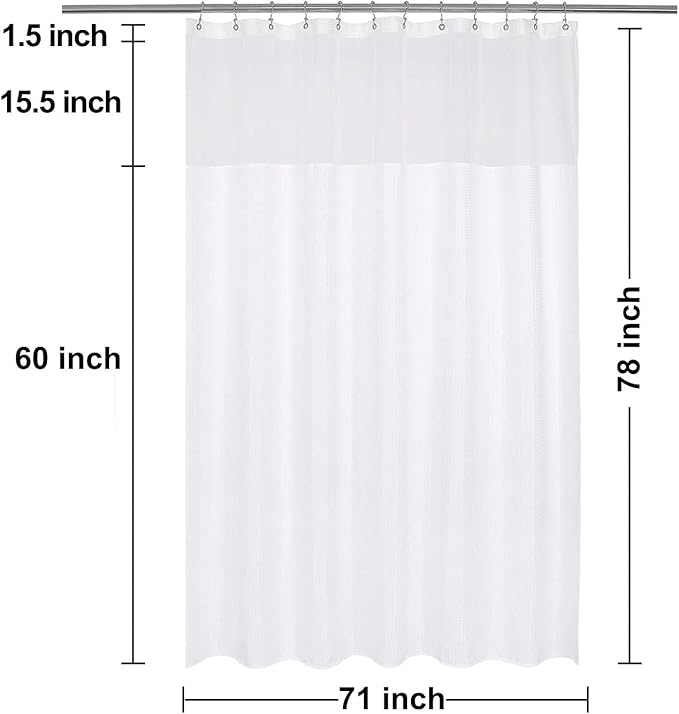 N&Y HOME Long Waffle Weave Shower Curtain with Snap-in Fabric Liner and 12 Hooks Set - 71" x 78", Hotel Style & Mesh Top Window, Machine Washable, Water Repellent - 71x78, White