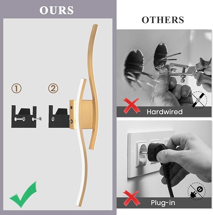 Modern LED Wall Sconce Set of Two, Battery Powered Wall Sconces Set of 2 with Timer, Gold Wall Light with Remote, LED Wall Lamp Indoor not Hardwired for Bathroom Living Room Bedroom Corridor