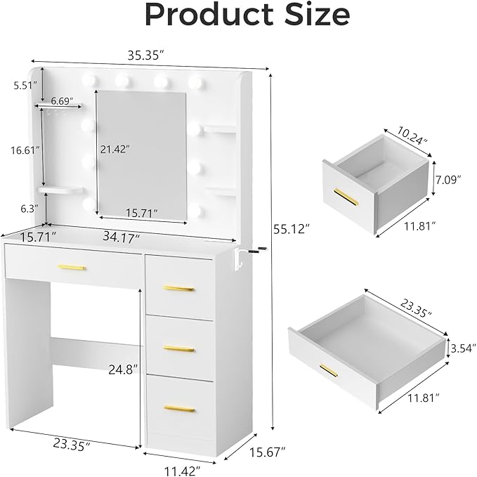 35” Small Vanity Desk with Mirror and Lights,10 Lights,3 Color Modes,Makeup Vanity Desk with 4 Storage Shelves 4 Drawers and Power Outlet,for Bedroom & Dressing Room,White vanitys