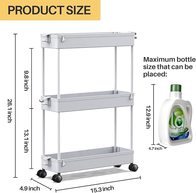 SPACEKEEPER Slim Rolling Storage Cart, 3 Tier Storage Organizer Laundry Room Organizer Mobile Shelving Unit, Multi-Purpose for Kitchen Office Bathroom Laundry Narrow Places, Gray