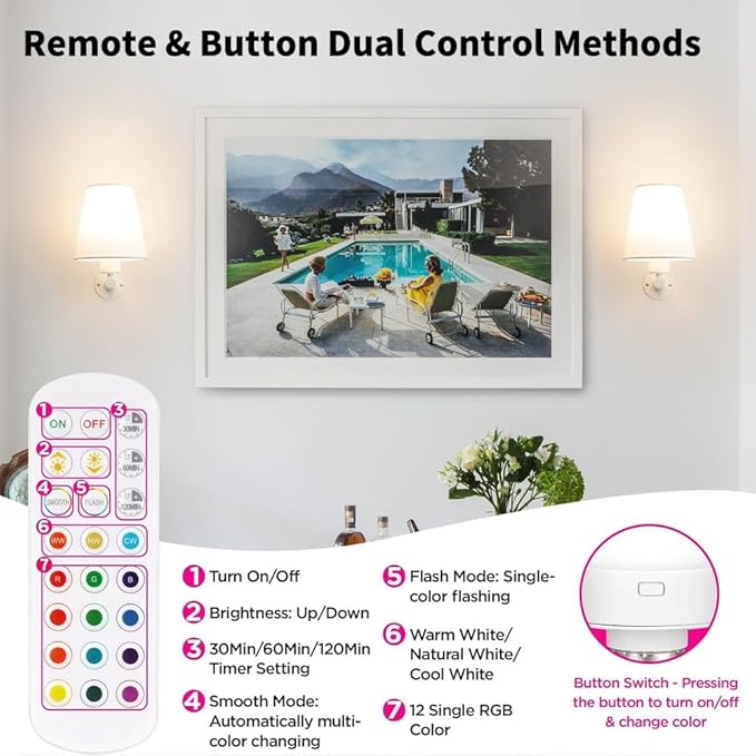 Battery Operated Wall Sconces Set of Two, White Wireless Sconces Set of 2 with Remote, 12RGB Color Rechargeable Cordless Sconces Wall Lighting, Wall amp with Retachable Bulb for Bedroom Living Room